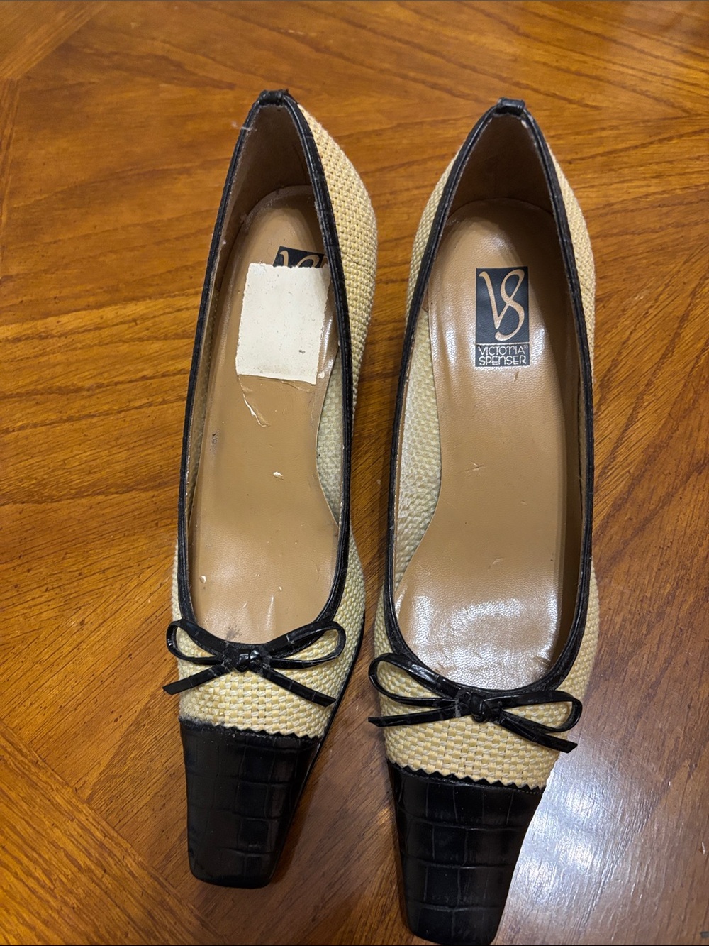Victoria Spenser Black and Cream Raffia Ballet Pumps